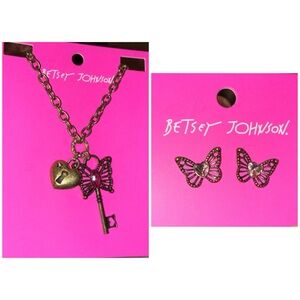 BETSEY JOHNSON SET Butterfly Key and Lock Pendant Necklace & Earrings NEW NWT
